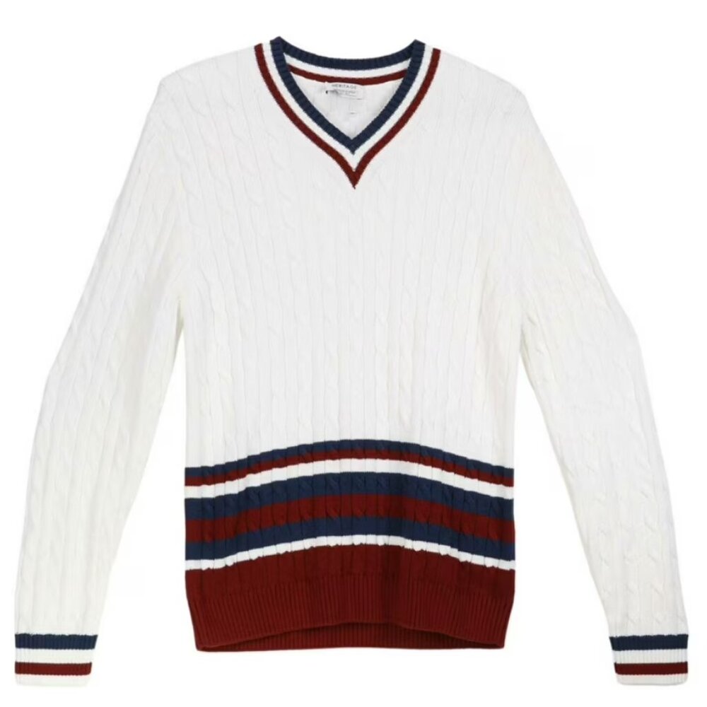 NWT Heritage Men's V-neck Pullover Sweater L White Striped Cable Knit Grandpa